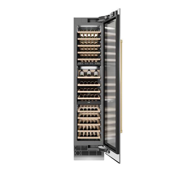 ZLINE Autograph Edition 18 in. 9.0 cu. ft. Triple Zone 68 Bottle Right Hinge Column Wine Cooler in Stainless Steel with Champagne Bronze Accents (RCWVRZ-30418-CB)