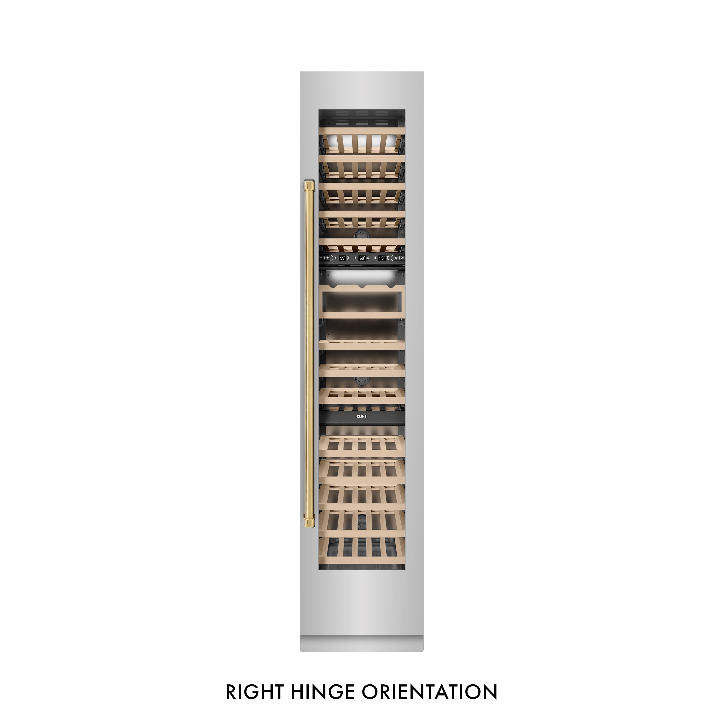 ZLINE Autograph Edition 18 in. 9.0 cu. ft. Triple Zone 68 Bottle Right Hinge Column Wine Cooler in Stainless Steel with Polished Gold Accents (RCWVRZ-30418-G)