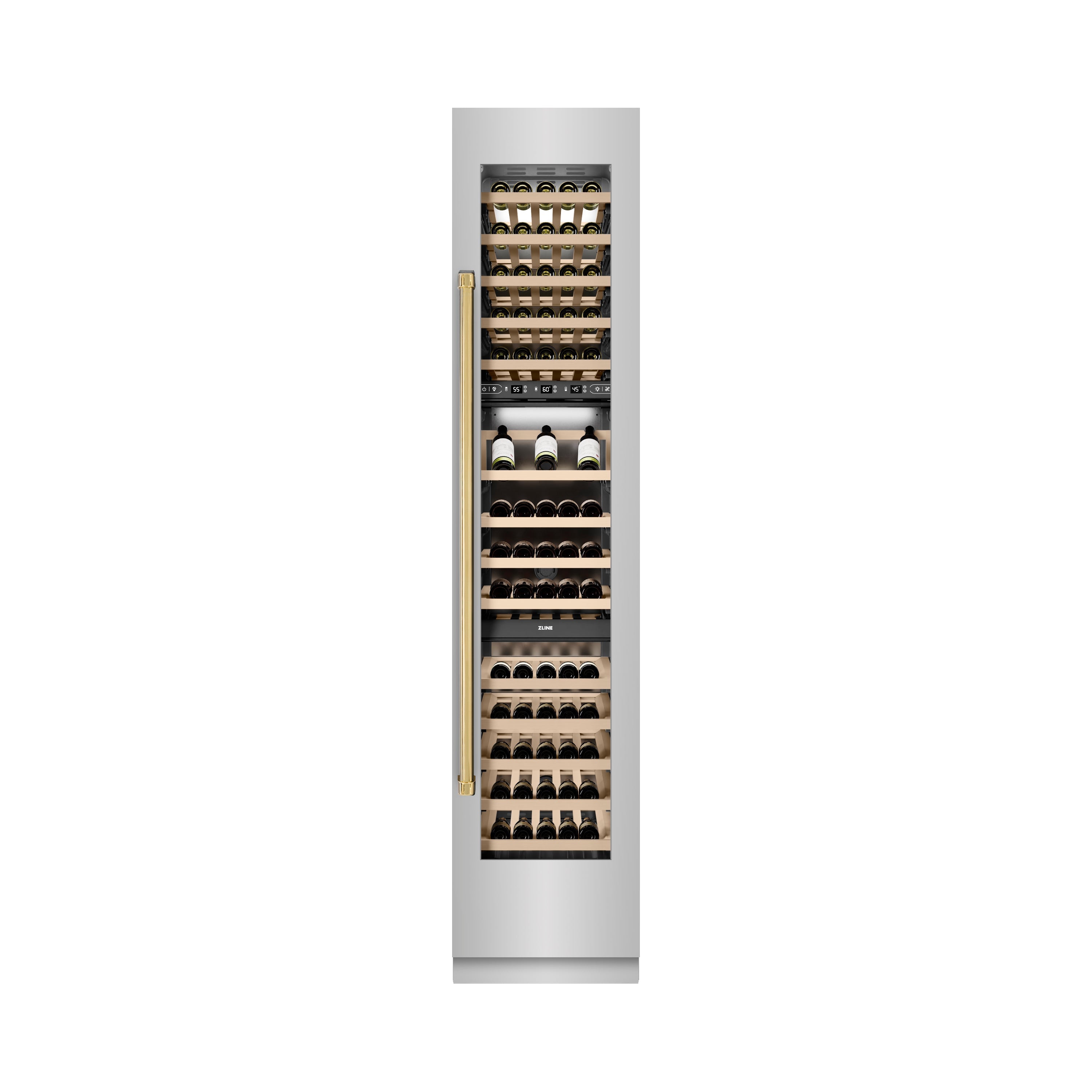 ZLINE Autograph Edition 18 in. 9.0 cu. ft. Triple Zone 68 Bottle Right Hinge Column Wine Cooler in Stainless Steel with Polished Gold Accents (RCWVRZ-30418-G)