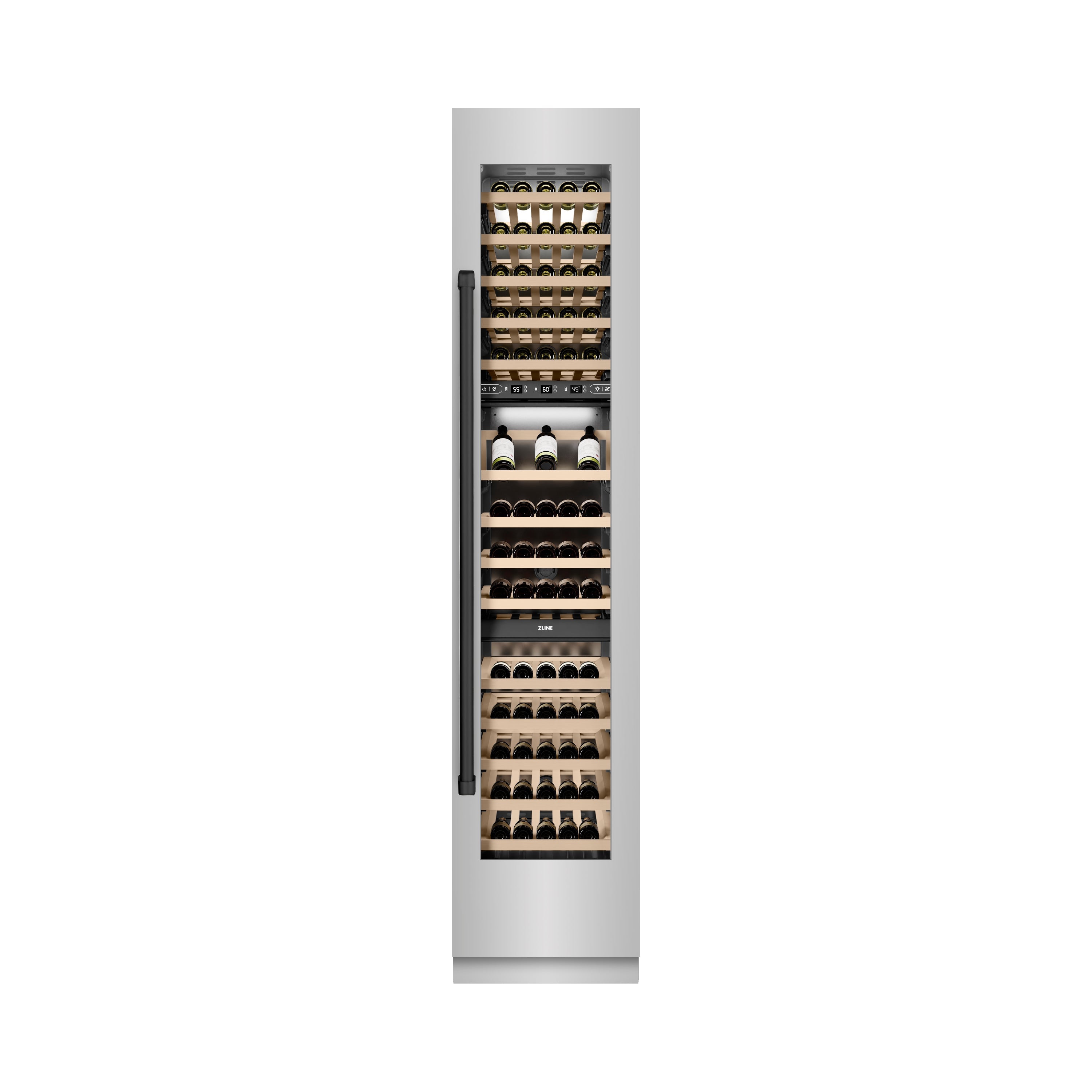 ZLINE Autograph Edition 18 in. 9.0 cu. ft. Triple Zone 68 Bottle Right Hinge Column Wine Cooler in Stainless Steel with Matte Black Accents (RCWVRZ-30418-MB)