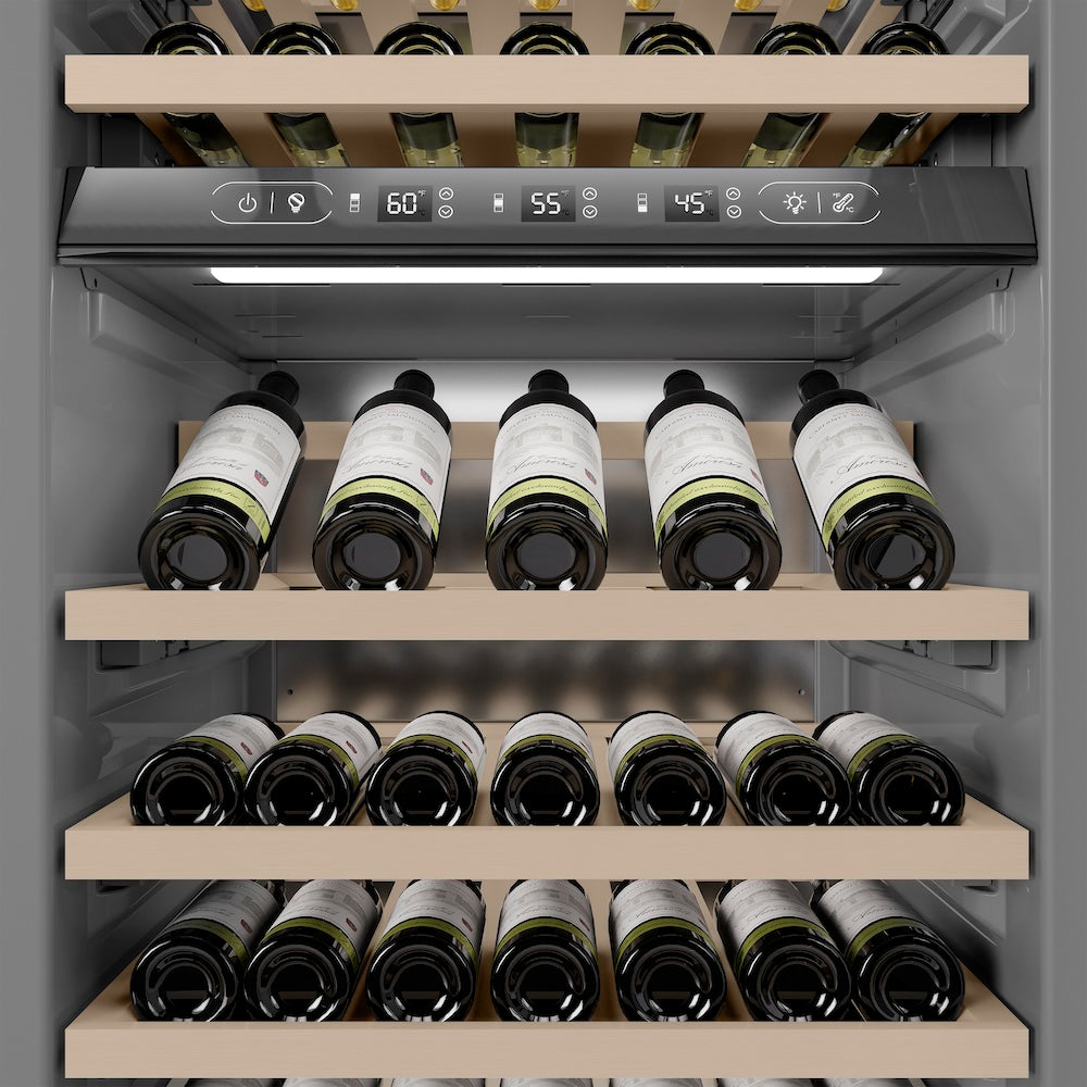 ZLINE Autograph Edition 24 in. 12.4 cu. ft. Triple Zone 100 Bottle Column Wine Cooler in Stainless Steel and Champagne Bronze Accents (RCWVZ-304-24-CB)