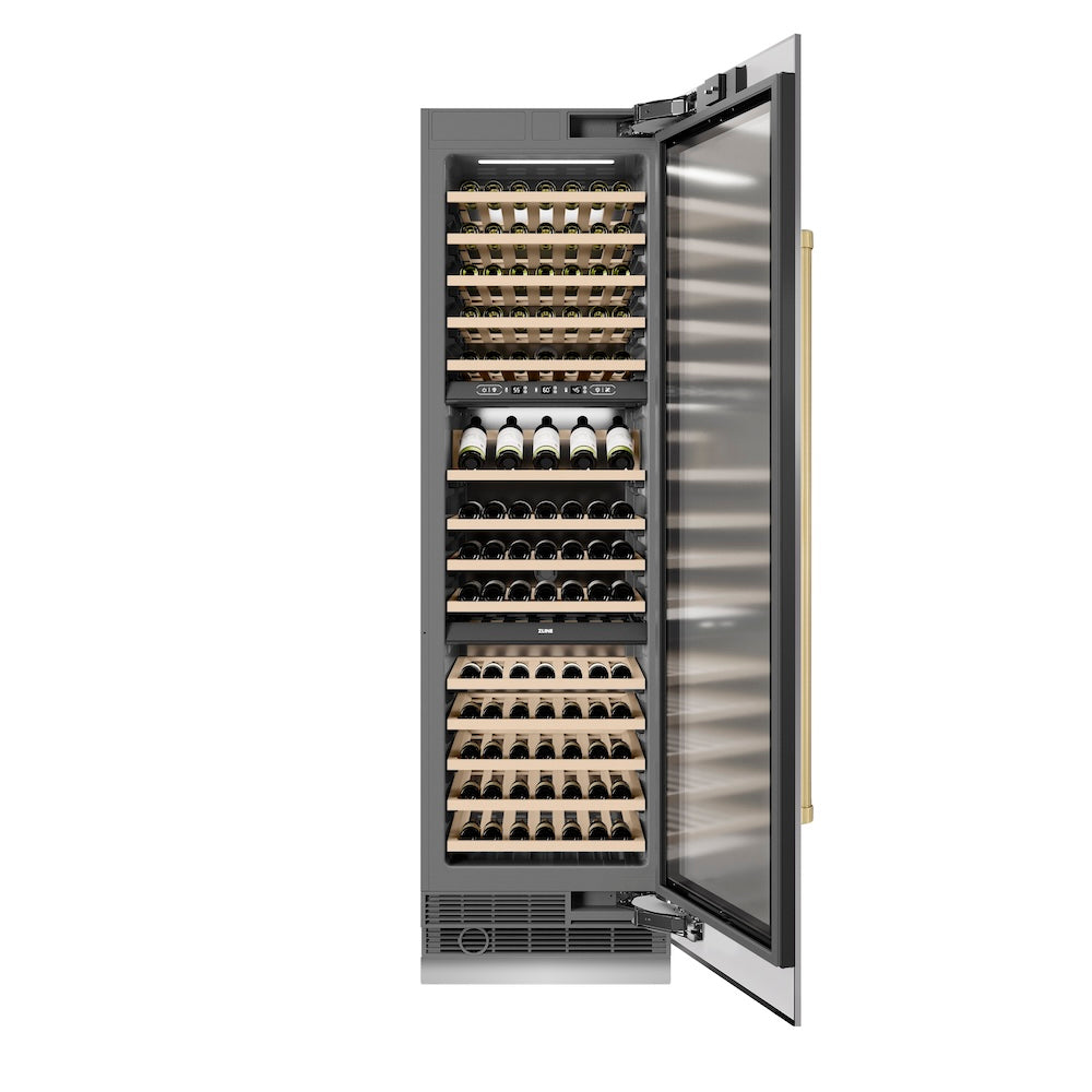 ZLINE Autograph Edition 24 in. 12.4 cu. ft. Triple Zone 100 Bottle Column Wine Cooler in Stainless Steel and Champagne Bronze Accents (RCWVZ-304-24-CB)