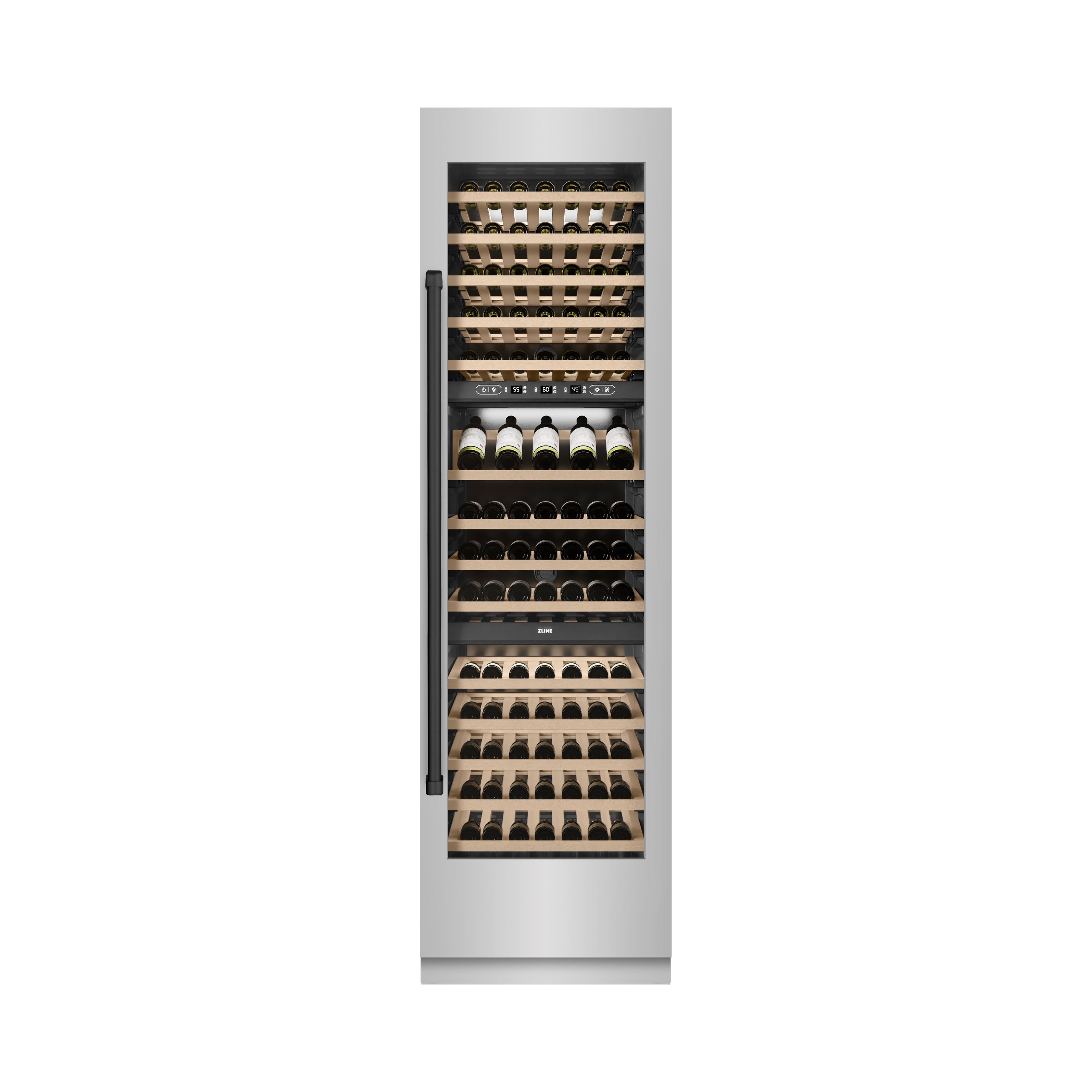 ZLINE Autograph Edition 24 in. 12.4 cu. ft. Triple Zone 100 Bottle Column Wine Cooler in Stainless Steel and Matte Black Accents (RCWVZ-304-24-MB)