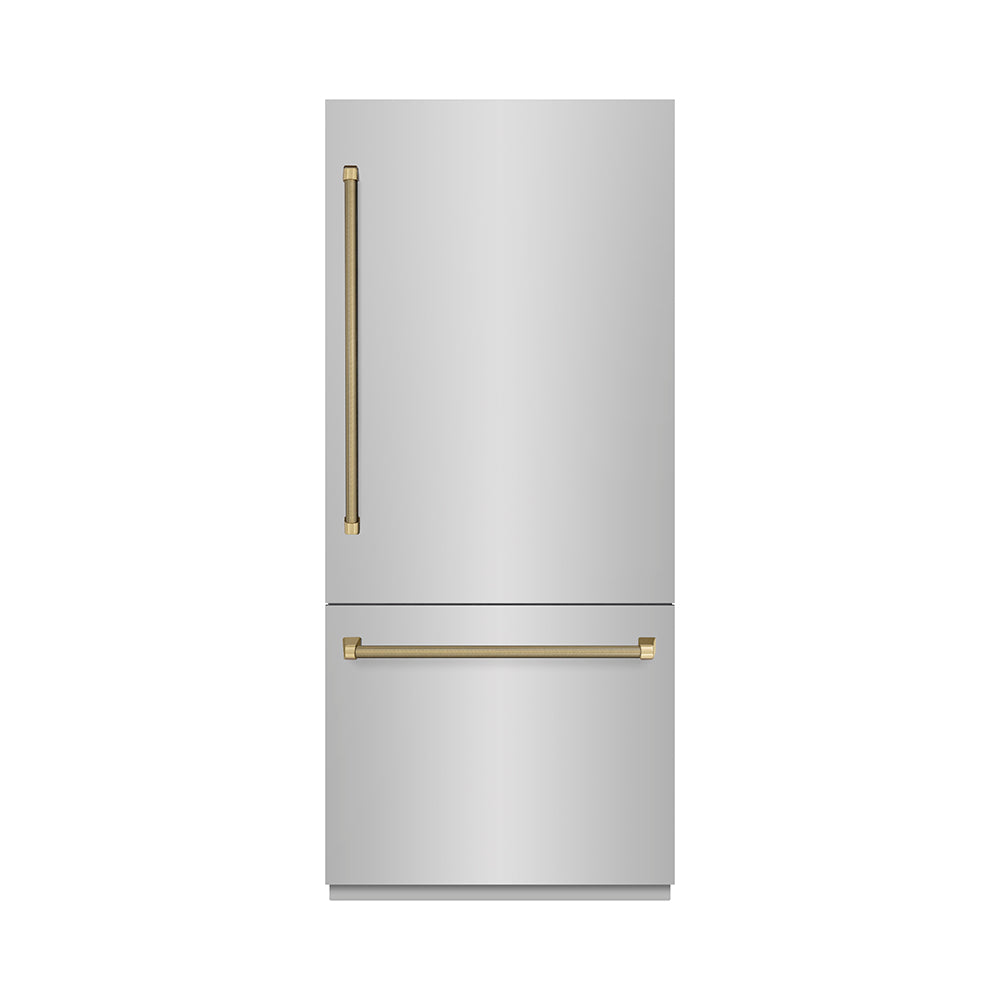ZLINE Autograph Edition 36 in. 19.8 cu. ft. Built-In Bottom Freezer Refrigerator with Water Dispenser and Ice Maker in Stainless Steel with Graphite Gray Interior and Champagne Bronze Helix Handles (GRBITZ-30436KCB)