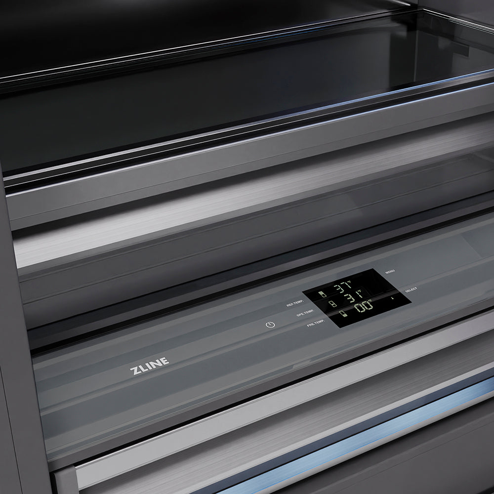 ZLINE Autograph Edition 36 in. 19.8 cu. ft. Built-In Bottom Freezer Refrigerator with Water Dispenser and Ice Maker in Stainless Steel with Graphite Gray Interior and Polished Gold Helix Handles (GRBITZ-30436KG)