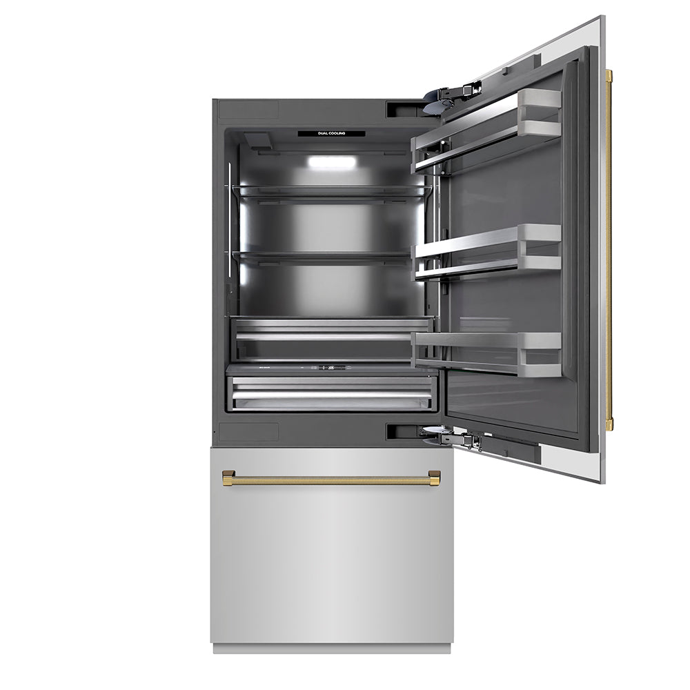 ZLINE Autograph Edition 36 in. 19.8 cu. ft. Built-In Bottom Freezer Refrigerator with Water Dispenser and Ice Maker in Stainless Steel with Graphite Gray Interior and Polished Gold Helix Handles (GRBITZ-30436KG)