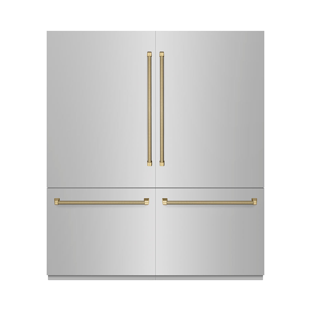 ZLINE Autograph Edition 72 in. 39.6 cu. ft. French Door Built-In Bottom Freezer Refrigerator with Water Dispensers and Ice Makers in Stainless Steel with Graphite Gray Interior and Champagne Bronze Helix Handles (GRBITZ-30472KCB)