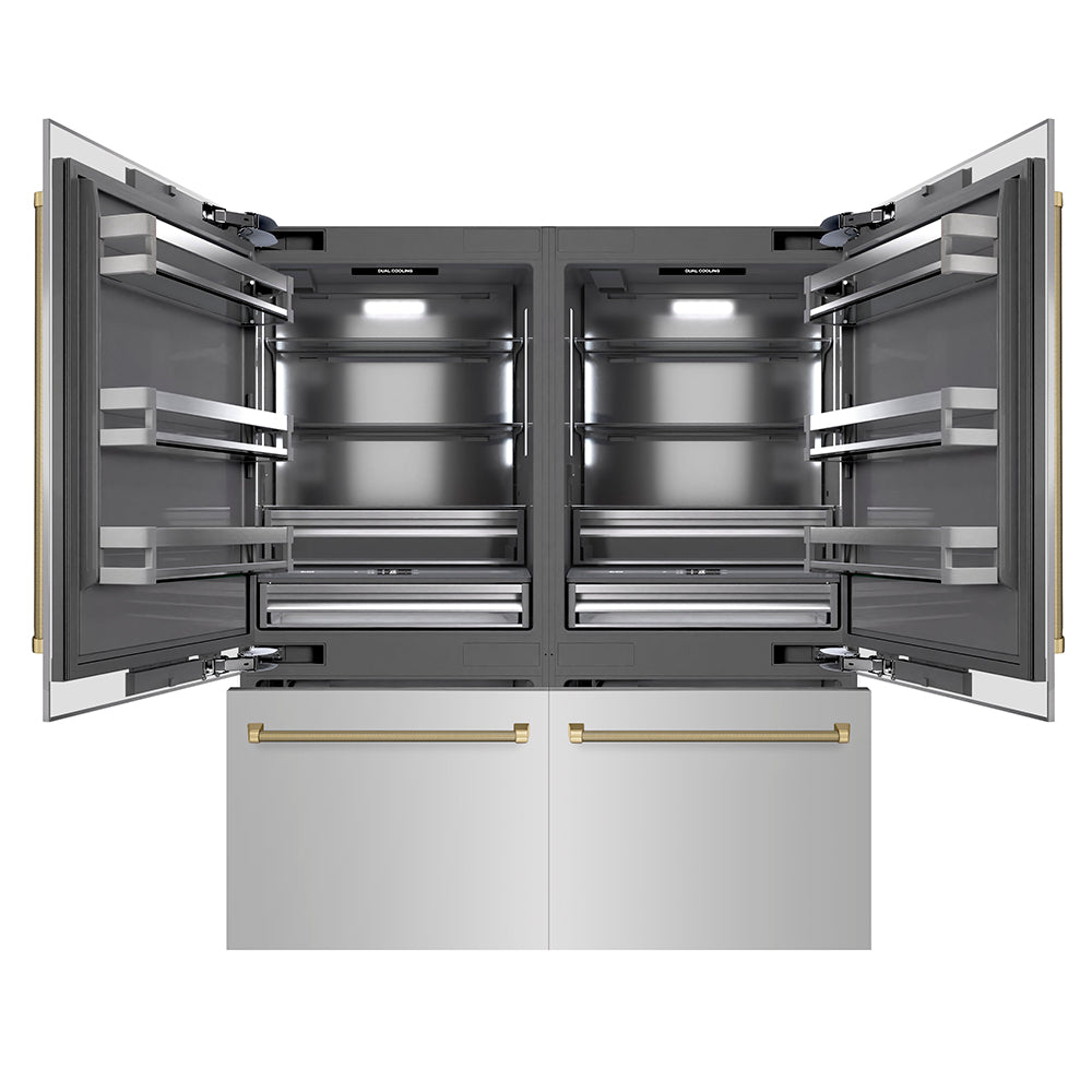 ZLINE Autograph Edition 72 in. 39.6 cu. ft. French Door Built-In Bottom Freezer Refrigerator with Water Dispensers and Ice Makers in Stainless Steel with Graphite Gray Interior and Champagne Bronze Helix Handles (GRBITZ-30472KCB)