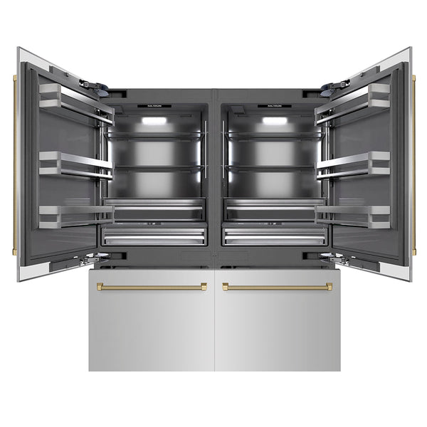 ZLINE Autograph Edition 72 in. 39.6 cu. ft. French Door Built-In Bottom Freezer Refrigerator with Water Dispensers and Ice Makers in Stainless Steel with Graphite Gray Interior and Champagne Bronze Helix Handles (GRBITZ-30472KCB)