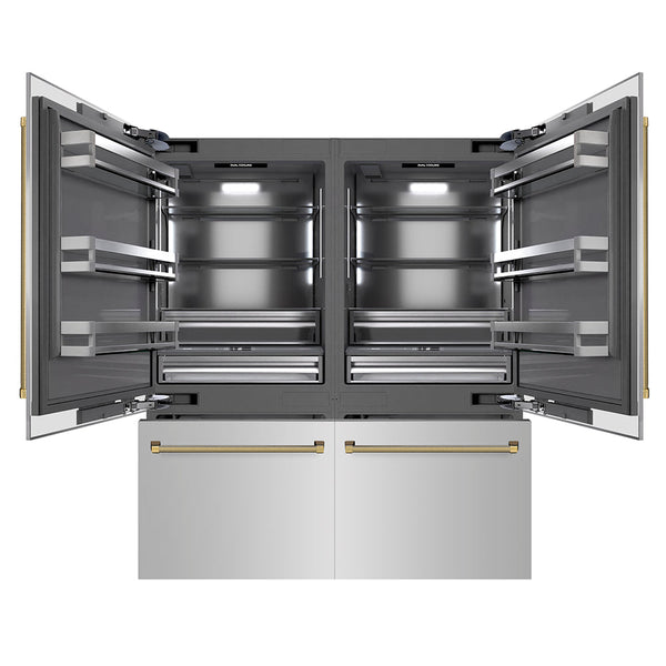 ZLINE Autograph Edition 72 in. 39.6 cu. ft. French Door Built-In Bottom Freezer Refrigerator with Water Dispensers and Ice Makers in Stainless Steel with Graphite Gray Interior and Polished Gold Helix Handles (GRBITZ-30472KG)