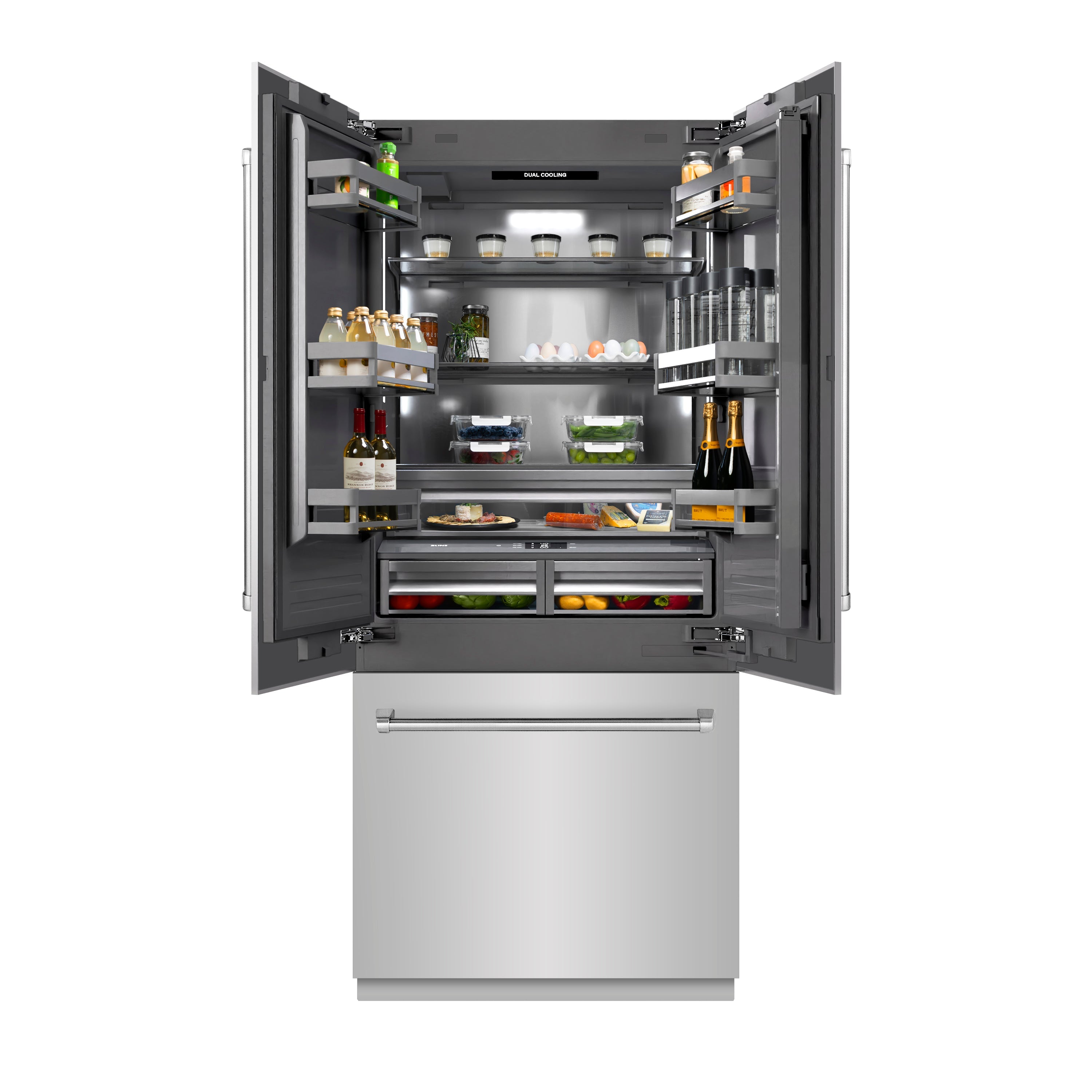 ZLINE 36 in. 19.6 cu. ft. French Door Built-In Bottom Freezer Refrigerator with Water Dispenser and Ice Maker in Stainless Steel with Graphite Gray Interior (GRBIV-304-36)