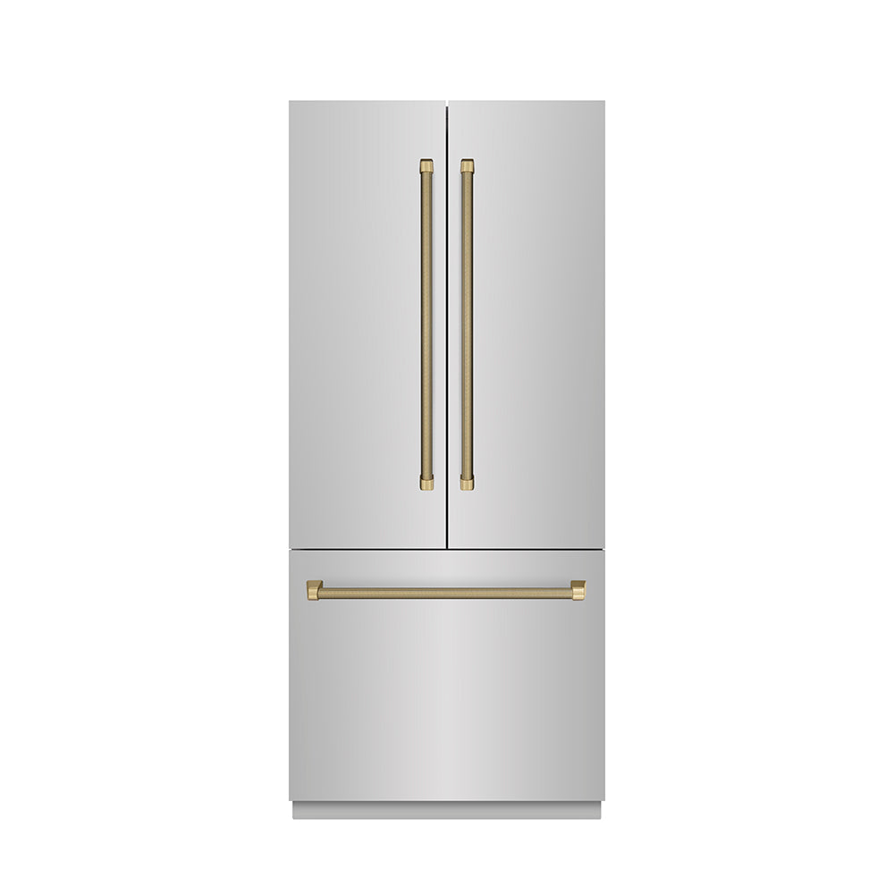 ZLINE Autograph Edition 36 in. 19.6 cu. ft. French Door Built-In Bottom Freezer Refrigerator with Water Dispenser and Ice Maker in Stainless Steel with Graphite Gray Interior and Champagne Bronze Helix Handles (GRBIVZ-30436KCB)