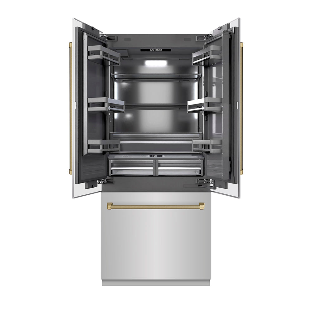 ZLINE Autograph Edition 36 in. 19.6 cu. ft. French Door Built-In Bottom Freezer Refrigerator with Water Dispenser and Ice Maker in Stainless Steel with Graphite Gray Interior and Champagne Bronze Helix Handles (GRBIVZ-30436KCB)