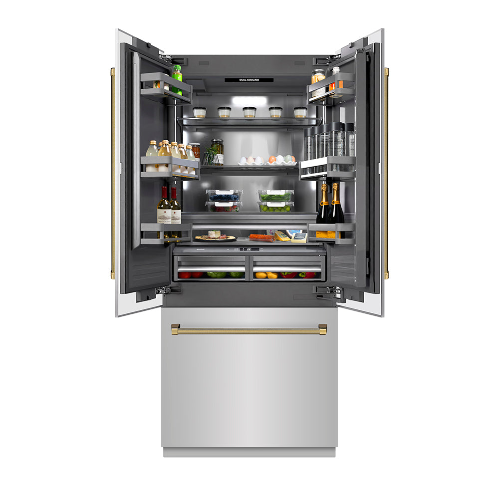 ZLINE Autograph Edition 36 in. 19.6 cu. ft. French Door Built-In Bottom Freezer Refrigerator with Water Dispenser and Ice Maker in Stainless Steel with Graphite Gray Interior and Polished Gold Helix Handles (GRBIVZ-30436KG)