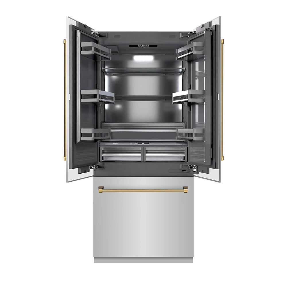 ZLINE Autograph Edition 36 in. 19.6 cu. ft. French Door Built-In Bottom Freezer Refrigerator with Water Dispenser and Ice Maker in Stainless Steel with Graphite Gray Interior and Polished Gold Helix Handles (GRBIVZ-30436KG)