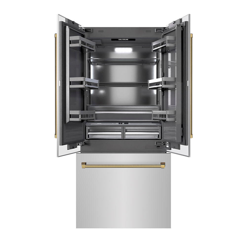 ZLINE Autograph Edition 36 in. 19.6 cu. ft. French Door Built-In Bottom Freezer Refrigerator with Water Dispenser and Ice Maker in Stainless Steel with Graphite Gray Interior and Polished Gold Helix Handles (GRBIVZ-30436KG)