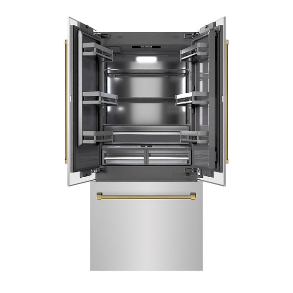 ZLINE Autograph Edition 36 in. 19.6 cu. ft. French Door Built-In Bottom Freezer Refrigerator with Water Dispenser and Ice Maker in Stainless Steel with Graphite Gray Interior and Polished Gold Helix Handles (GRBIVZ-30436KG)