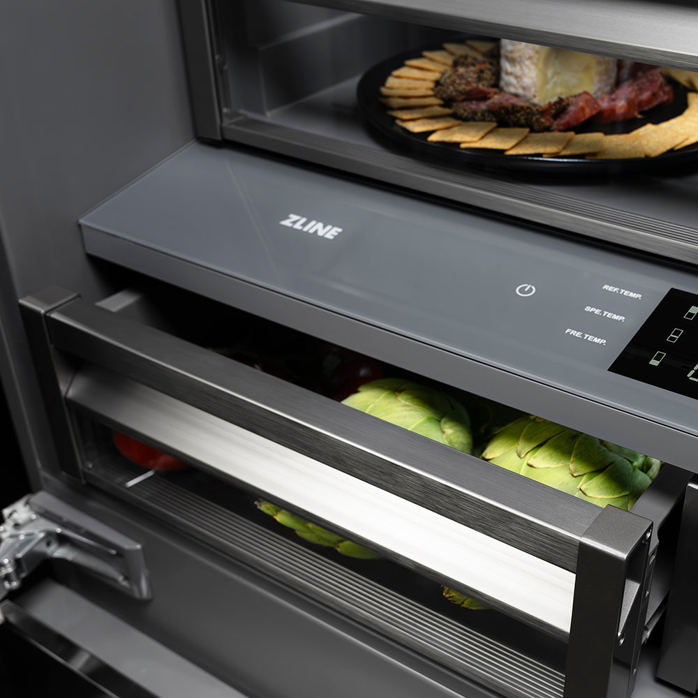 ZLINE Autograph Edition 36 in. 19.6 cu. ft. French Door Built-In Bottom Freezer Refrigerator with Water Dispenser and Ice Maker in Stainless Steel with Graphite Gray Interior and Polished Nickel Helix Handles (GRBIVZ-30436KPN)