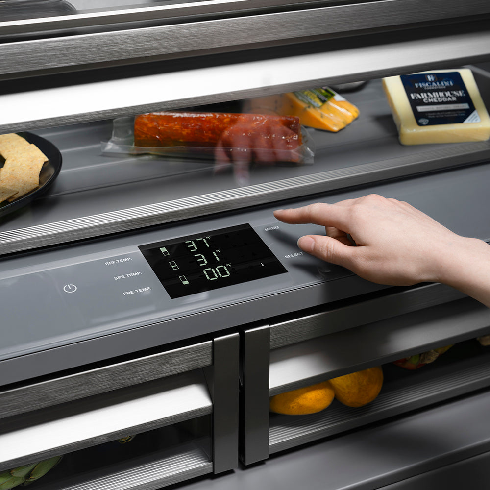 ZLINE Autograph Edition 36 in. 19.6 cu. ft. French Door Built-In Bottom Freezer Refrigerator with Water Dispenser and Ice Maker in Stainless Steel with Graphite Gray Interior and Polished Nickel Helix Handles (GRBIVZ-30436KPN)