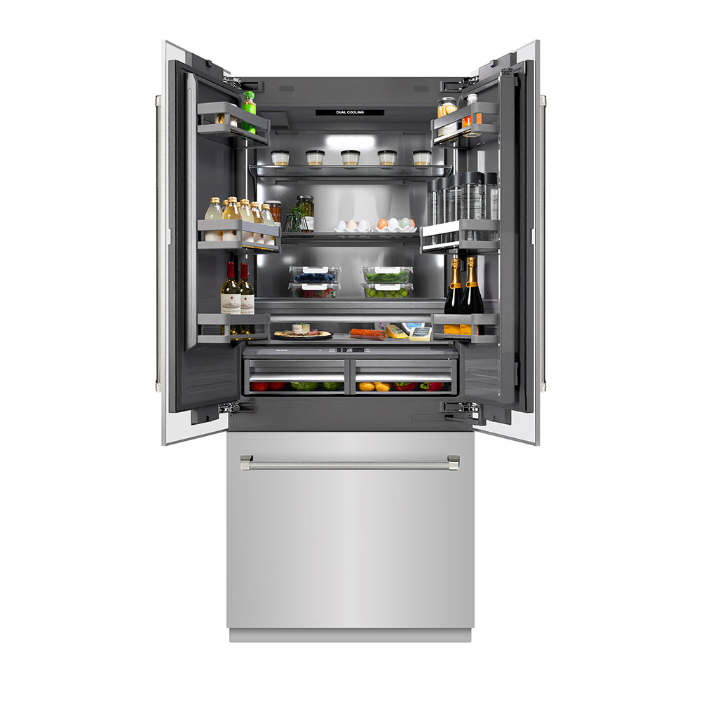 ZLINE Autograph Edition 36 in. 19.6 cu. ft. French Door Built-In Bottom Freezer Refrigerator with Water Dispenser and Ice Maker in Stainless Steel with Graphite Gray Interior and Polished Nickel Helix Handles (GRBIVZ-30436KPN)