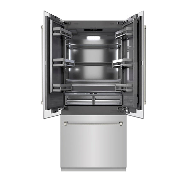 ZLINE Autograph Edition 36 in. 19.6 cu. ft. French Door Built-In Bottom Freezer Refrigerator with Water Dispenser and Ice Maker in Stainless Steel with Graphite Gray Interior and Polished Nickel Helix Handles (GRBIVZ-30436KPN)