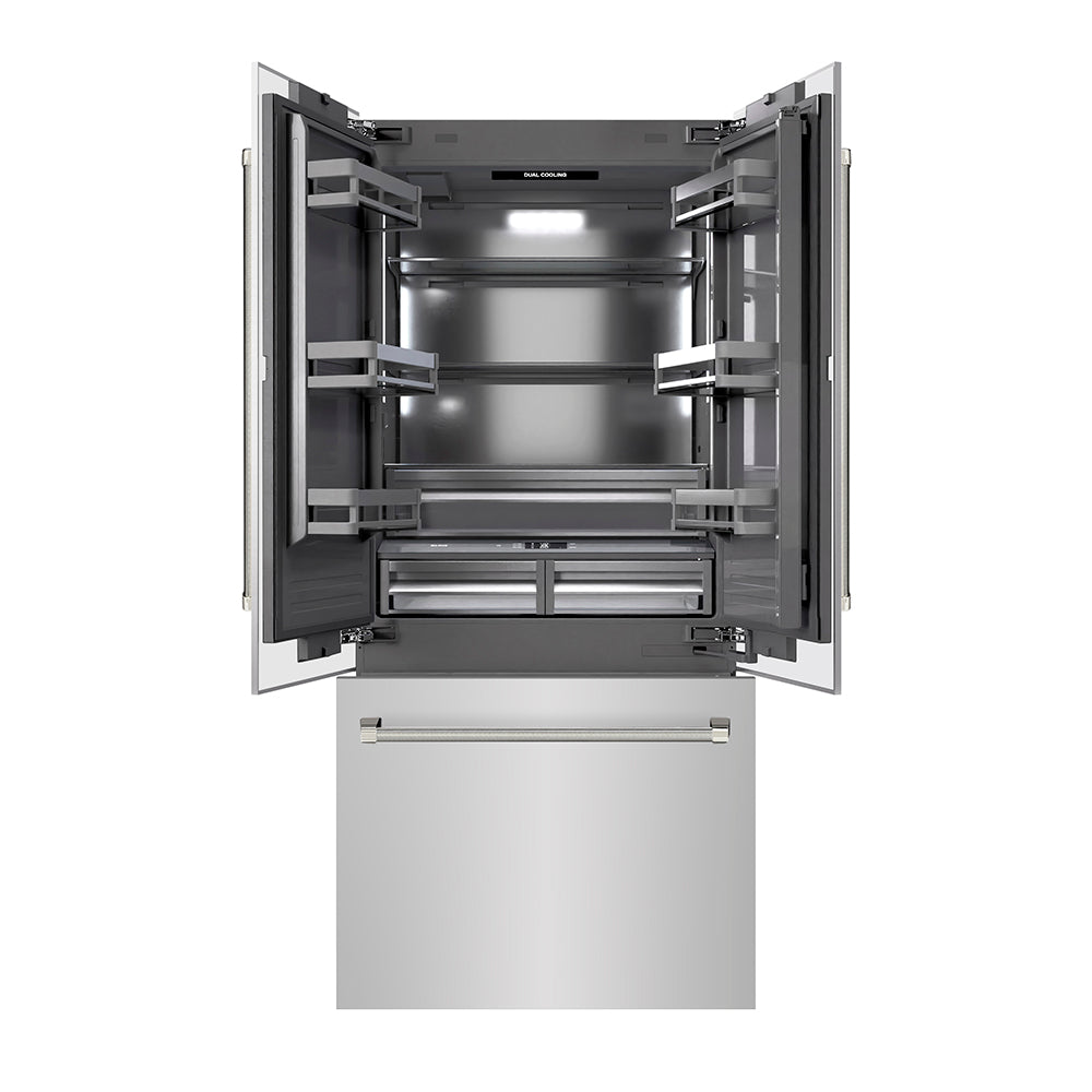 ZLINE Autograph Edition 36 in. 19.6 cu. ft. French Door Built-In Bottom Freezer Refrigerator with Water Dispenser and Ice Maker in Stainless Steel with Graphite Gray Interior and Polished Nickel Helix Handles (GRBIVZ-30436KPN)