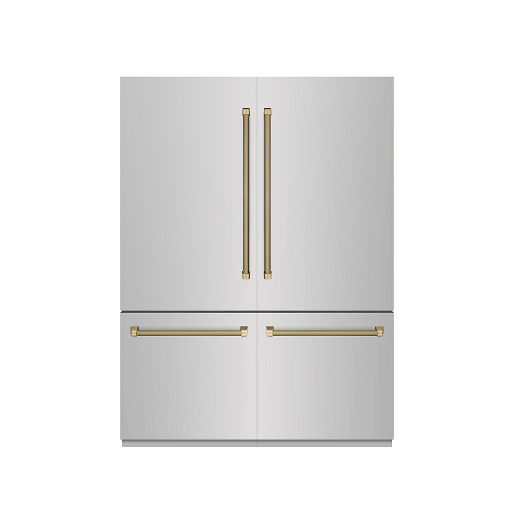 ZLINE Autograph Edition 60 in. 32.2 cu. ft. French Door Built-In Bottom Freezer Refrigerator with Water Dispenser and Ice Maker in Stainless Steel with Graphite Gray Interior and Champagne Bronze Helix Handles (GRBIVZ-30460KCB)