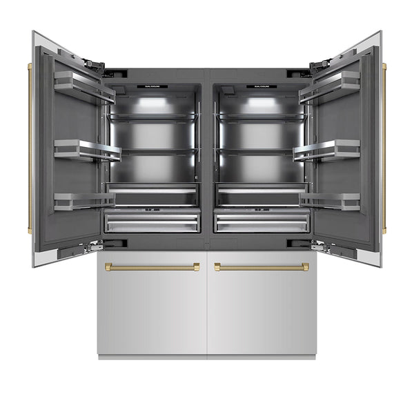 ZLINE Autograph Edition 60 in. 32.2 cu. ft. French Door Built-In Bottom Freezer Refrigerator with Water Dispenser and Ice Maker in Stainless Steel with Graphite Gray Interior and Champagne Bronze Helix Handles (GRBIVZ-30460KCB)