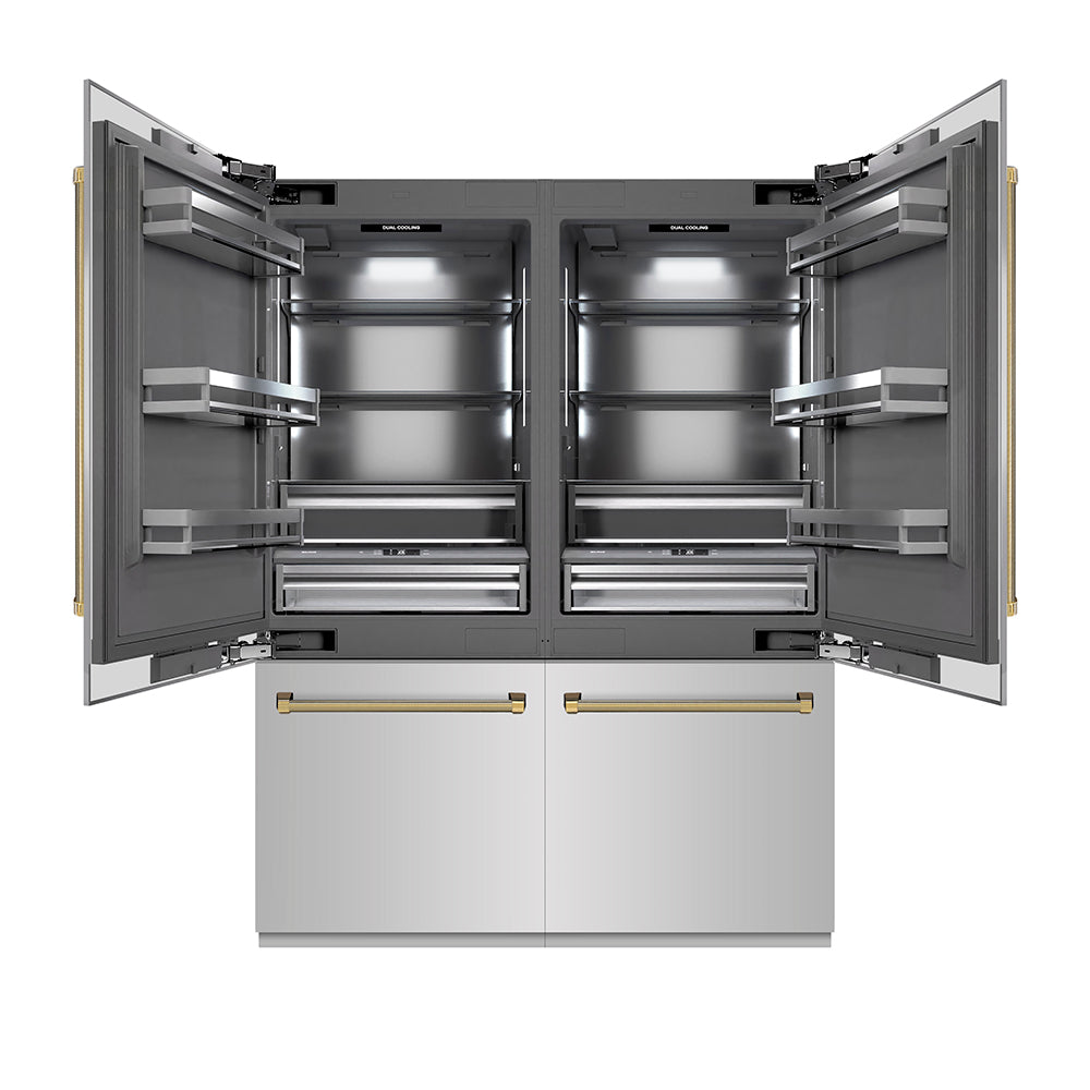 ZLINE Autograph Edition 60 in. 32.2 cu. ft. French Door Built-In Bottom Freezer Refrigerator with Water Dispenser and Ice Maker in Stainless Steel with Graphite Gray Interior and Polished Gold Helix Handles (GRBIVZ-30460KG)