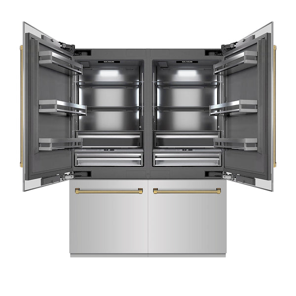 ZLINE Autograph Edition 60 in. 32.2 cu. ft. French Door Built-In Bottom Freezer Refrigerator with Water Dispenser and Ice Maker in Stainless Steel with Graphite Gray Interior and Polished Gold Helix Handles (GRBIVZ-30460KG)