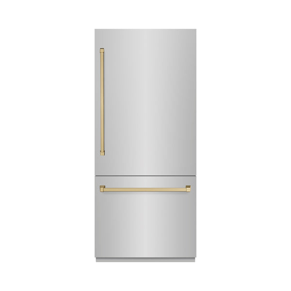 ZLINE Autograph Edition 36 in. 19.8 cu. ft. Built-In Bottom Freezer Refrigerator with Water Dispenser and Ice Maker in Stainless Steel with Champagne Bronze Accents (RBITZ-304-36CB)