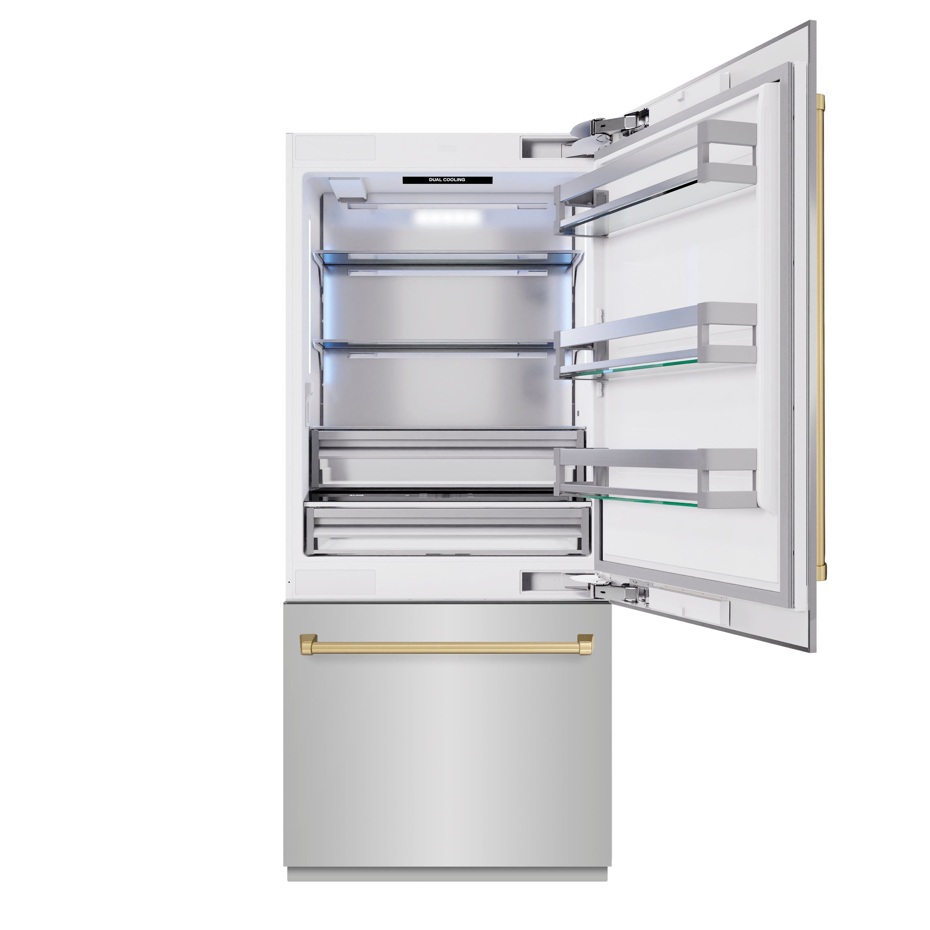 ZLINE Autograph Edition 36 in. 19.8 cu. ft. Built-In Bottom Freezer Refrigerator with Water Dispenser and Ice Maker in Stainless Steel with Champagne Bronze Accents (RBITZ-304-36CB)