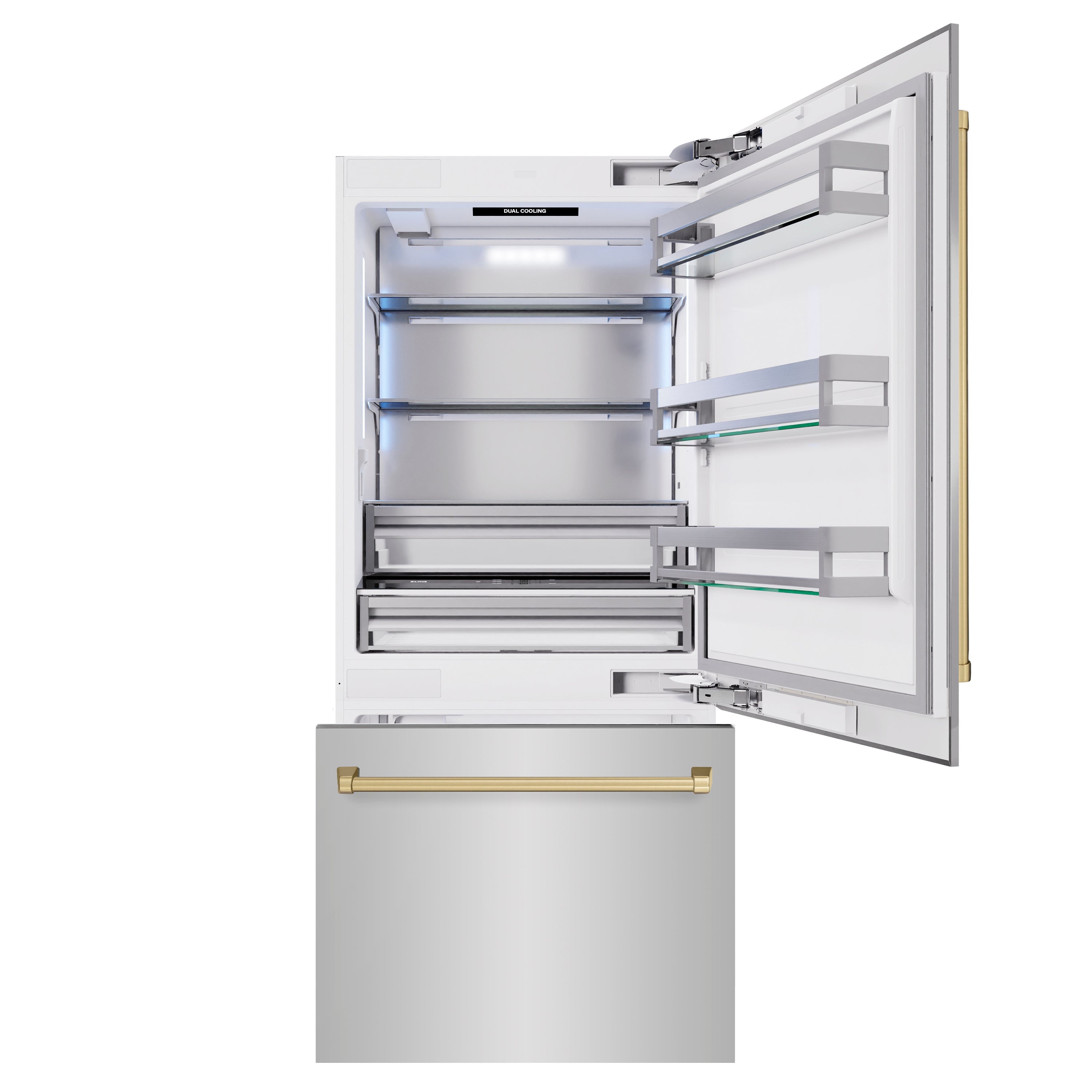 ZLINE Autograph Edition 36 in. 19.8 cu. ft. Built-In Bottom Freezer Refrigerator with Water Dispenser and Ice Maker in Stainless Steel with Champagne Bronze Accents (RBITZ-304-36CB)