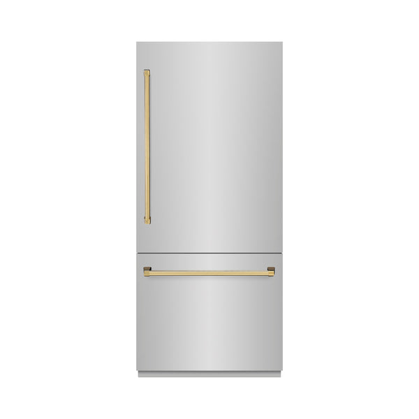 ZLINE Autograph Edition 36 in. 19.8 cu. ft. Built-In Bottom Freezer Refrigerator with Water Dispenser and Ice Maker in Stainless Steel with Polished Gold Accents (RBITZ-304-36G)