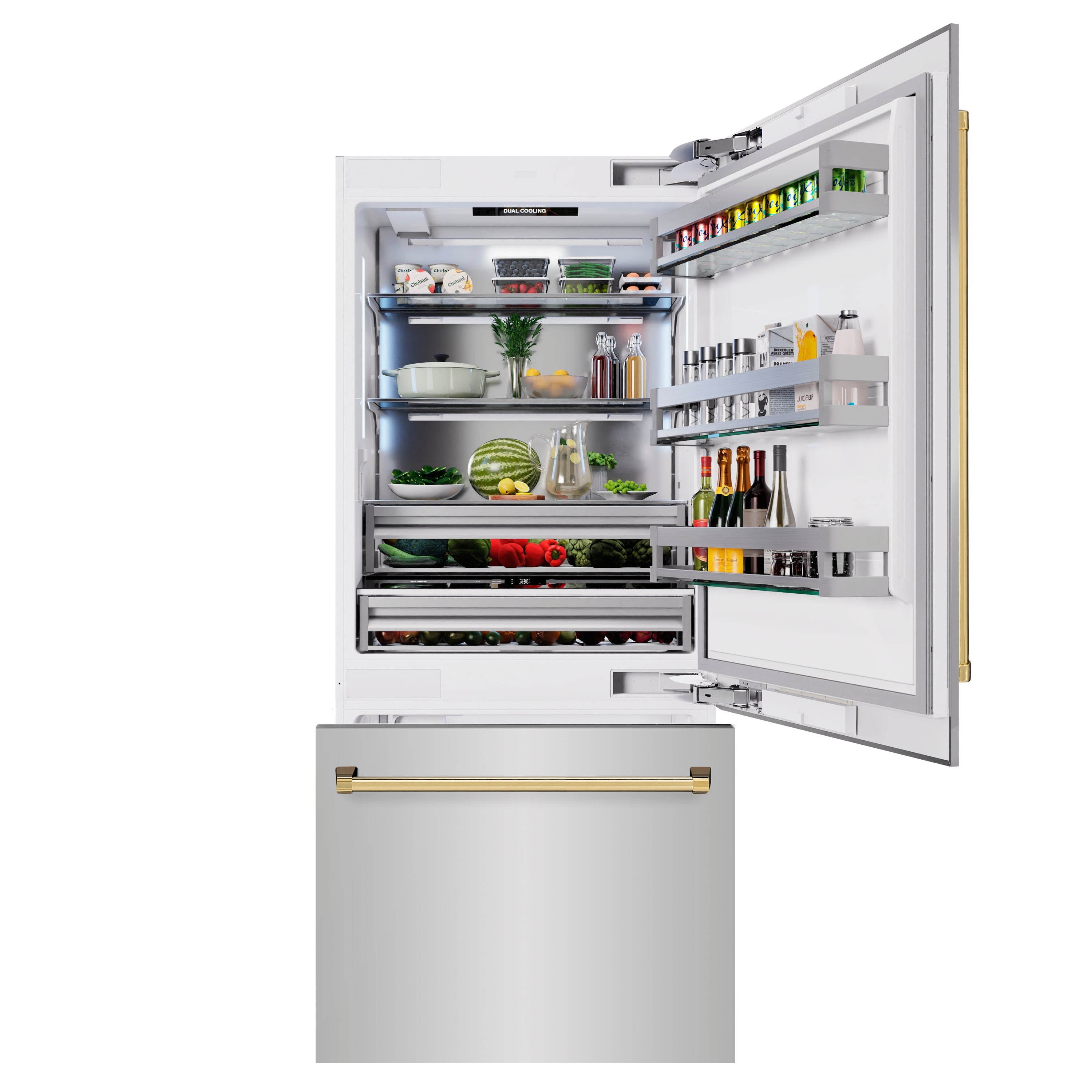 ZLINE Autograph Edition 36 in. 19.8 cu. ft. Built-In Bottom Freezer Refrigerator with Water Dispenser and Ice Maker in Stainless Steel with Polished Gold Accents (RBITZ-304-36G)