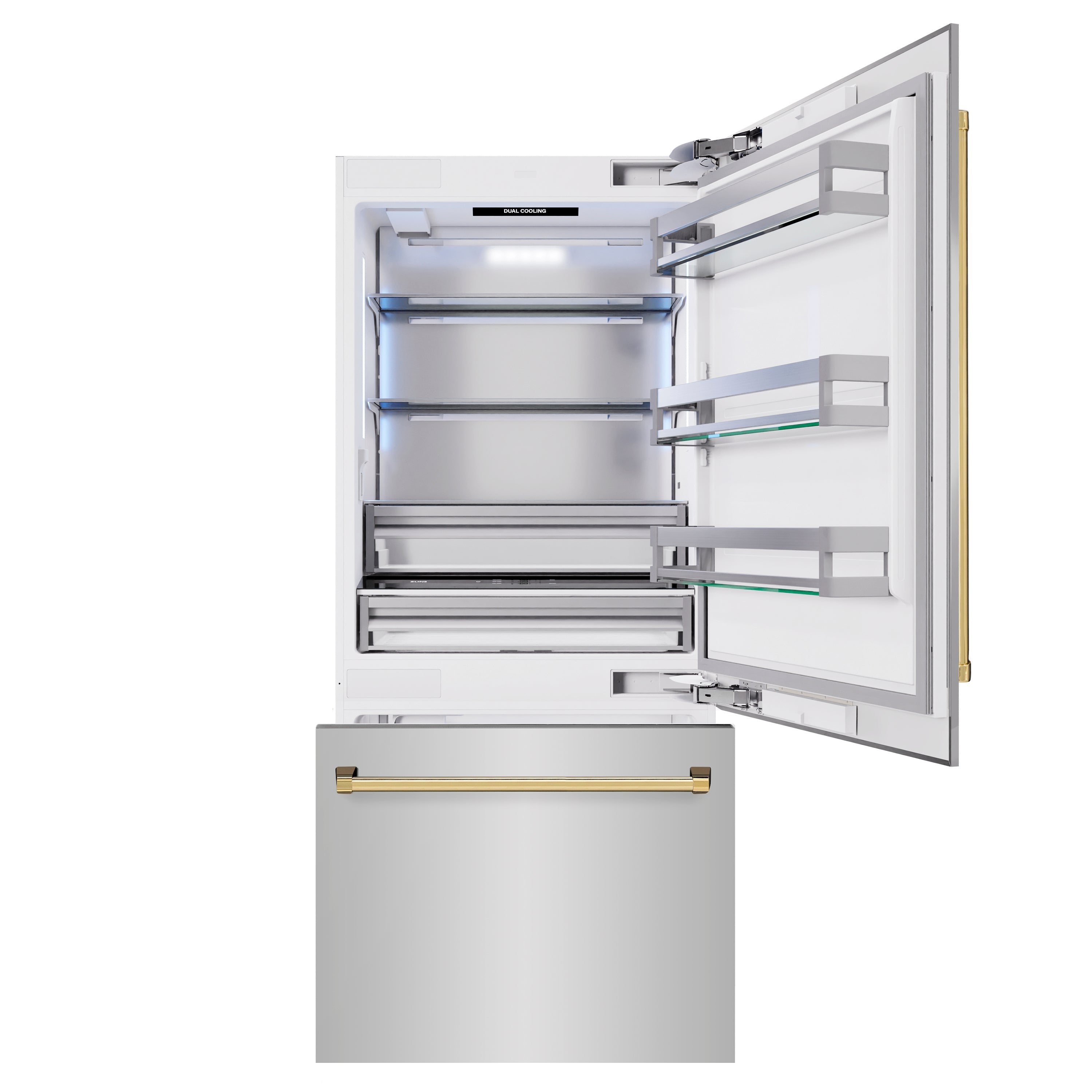 ZLINE Autograph Edition 36 in. 19.8 cu. ft. Built-In Bottom Freezer Refrigerator with Water Dispenser and Ice Maker in Stainless Steel with Polished Gold Accents (RBITZ-304-36G)