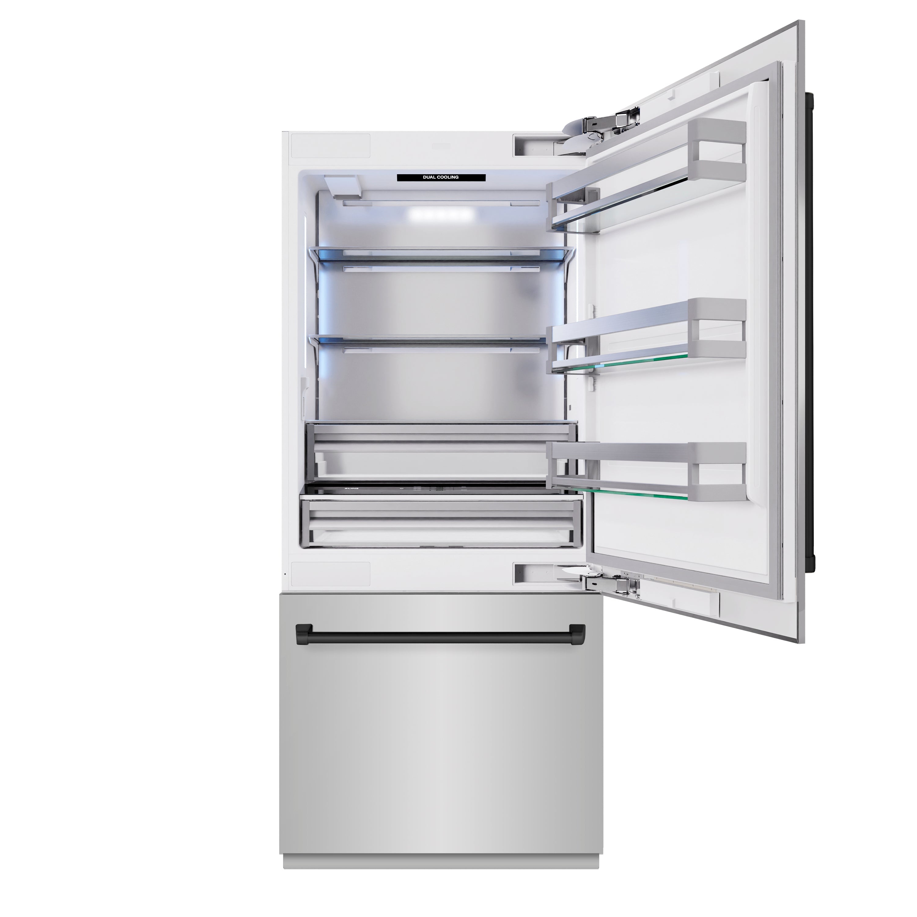 ZLINE Autograph Edition 36 in. 19.8 cu. ft. Built-In Bottom Freezer Refrigerator with Water Dispenser and Ice Maker in Stainless Steel with Matte Black Accents (RBITZ-304-36MB)