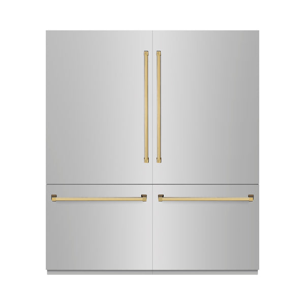 ZLINE Autograph Edition 72 in. 39.6 cu. ft. French Door Built-In Bottom Freezer Refrigerator with Water Dispensers and Ice Makers in Stainless Steel with Polished Gold Accents (RBITZ-304-72G)