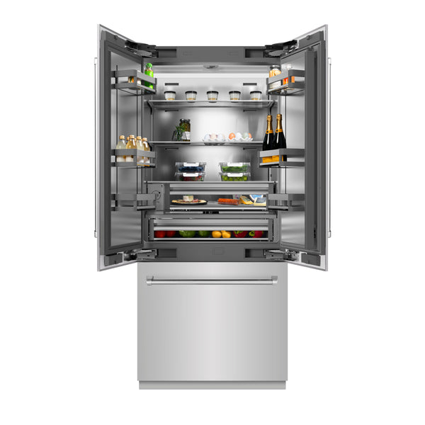ZLINE 36 in. 19.6 cu. ft. French Door Built-In Bottom Freezer Refrigerator with Water Dispenser and Ice Maker in Stainless Steel with Stainless Steel Interior (SRBIV-304-36)