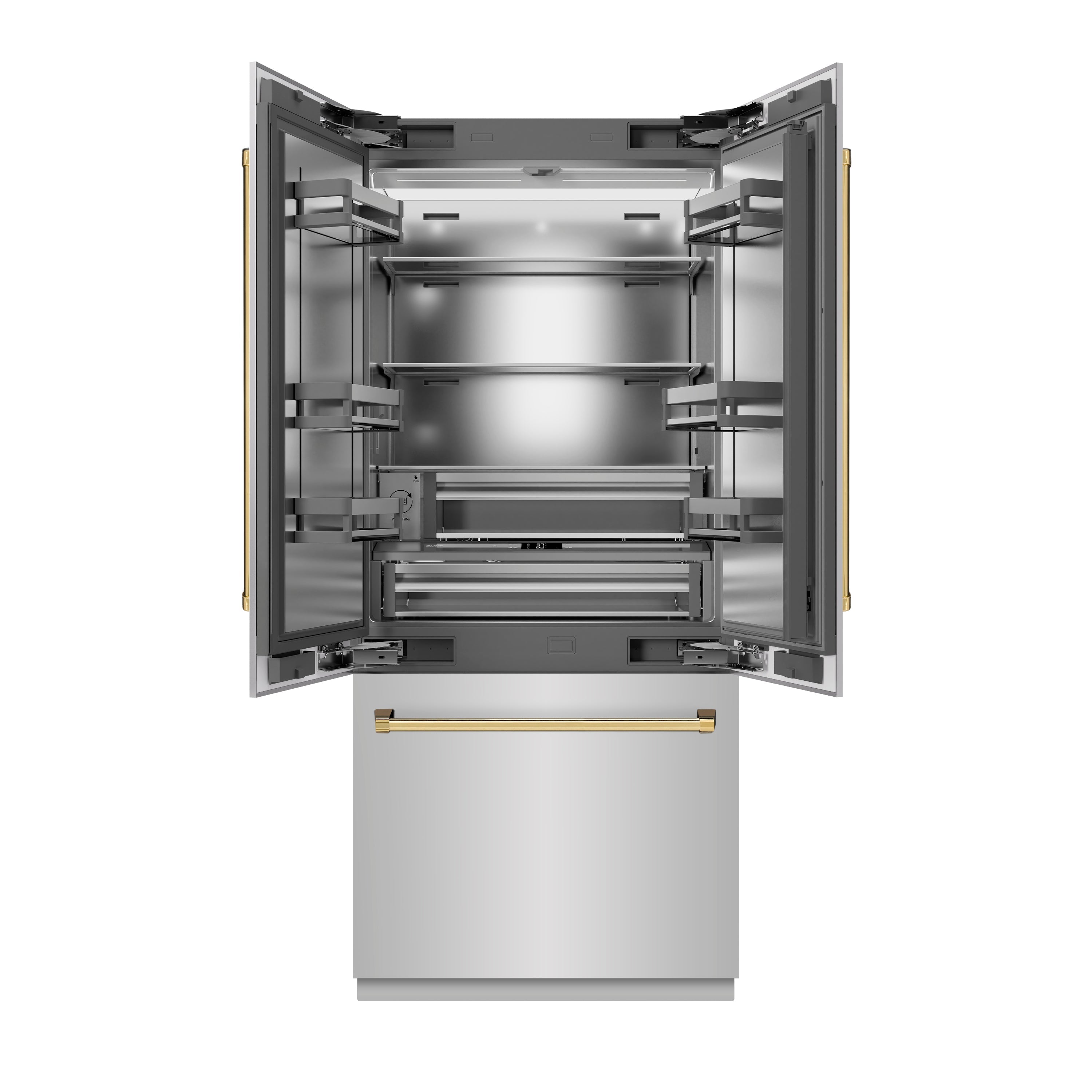 ZLINE Autograph Edition 36 in. 19.6 cu. ft. French Door Built-In Bottom Freezer Refrigerator with Water Dispenser and Ice Maker in Stainless Steel with Stainless Steel Interior and Polished Gold Accents (SRBIVZ-304-36G)