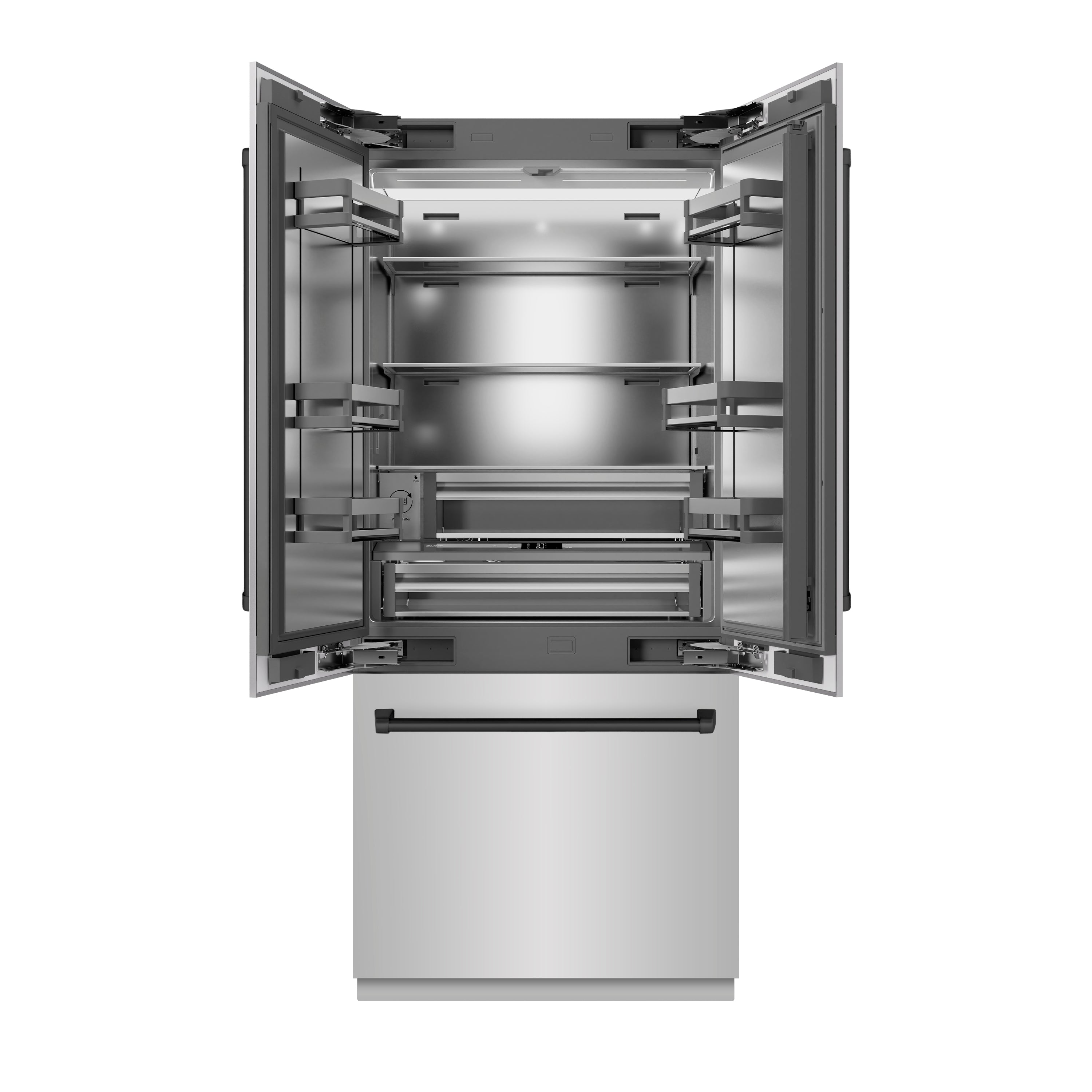 ZLINE Autograph Edition 36 in. 19.6 cu. ft. French Door Built-In Bottom Freezer Refrigerator with Water Dispenser and Ice Maker in Stainless Steel with Stainless Steel Interior and Matte Black Accents (SRBIVZ-304-36MB)