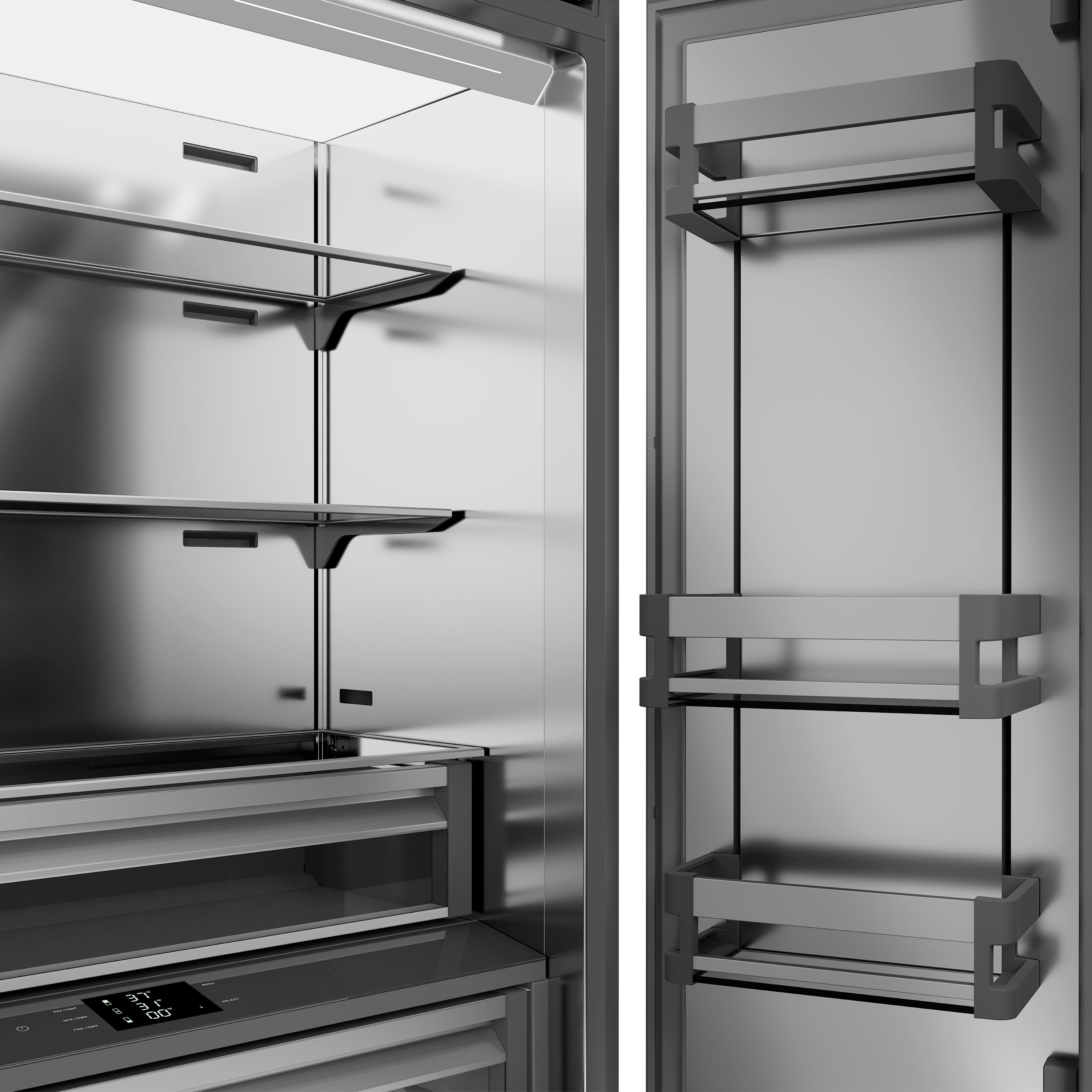 ZLINE Autograph Edition 36 in. 19.6 cu. ft. French Door Built-In Bottom Freezer Refrigerator with Water Dispenser and Ice Maker in Stainless Steel with Stainless Steel Interior and Champagne Bronze Helix Handles (SRBIVZ-30436KCB)