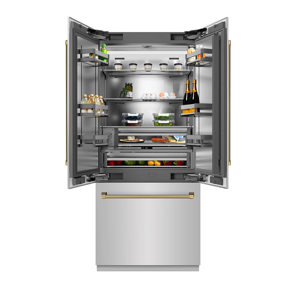 ZLINE Autograph Edition 36 in. 19.6 cu. ft. French Door Built-In Bottom Freezer Refrigerator with Water Dispenser and Ice Maker in Stainless Steel with Stainless Steel Interior and Polished Gold Helix Handles (SRBIVZ-30436KG)