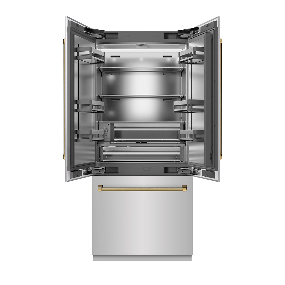 ZLINE Autograph Edition 36 in. 19.6 cu. ft. French Door Built-In Bottom Freezer Refrigerator with Water Dispenser and Ice Maker in Stainless Steel with Stainless Steel Interior and Polished Gold Helix Handles (SRBIVZ-30436KG)