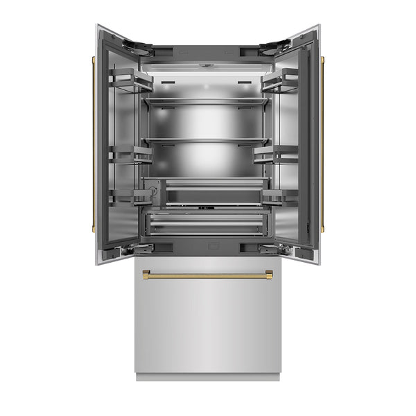 ZLINE Autograph Edition 36 in. 19.6 cu. ft. French Door Built-In Bottom Freezer Refrigerator with Water Dispenser and Ice Maker in Stainless Steel with Stainless Steel Interior and Polished Gold Helix Handles (SRBIVZ-30436KG)