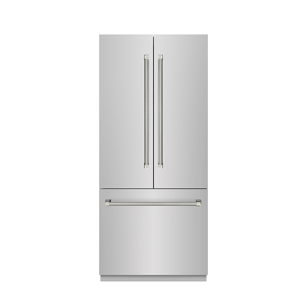 ZLINE Autograph Edition 36 in. 19.6 cu. ft. French Door Built-In Bottom Freezer Refrigerator with Water Dispenser and Ice Maker in Stainless Steel with Stainless Steel Interior and Polished Nickel Helix Handles (SRBIVZ-30436KPN)
