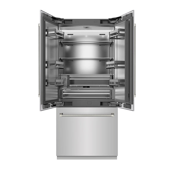 ZLINE Autograph Edition 36 in. 19.6 cu. ft. French Door Built-In Bottom Freezer Refrigerator with Water Dispenser and Ice Maker in Stainless Steel with Stainless Steel Interior and Polished Nickel Helix Handles (SRBIVZ-30436KPN)