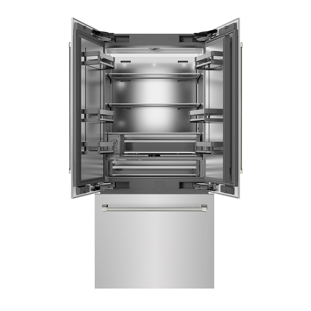 ZLINE Autograph Edition 36 in. 19.6 cu. ft. French Door Built-In Bottom Freezer Refrigerator with Water Dispenser and Ice Maker in Stainless Steel with Stainless Steel Interior and Polished Nickel Helix Handles (SRBIVZ-30436KPN)