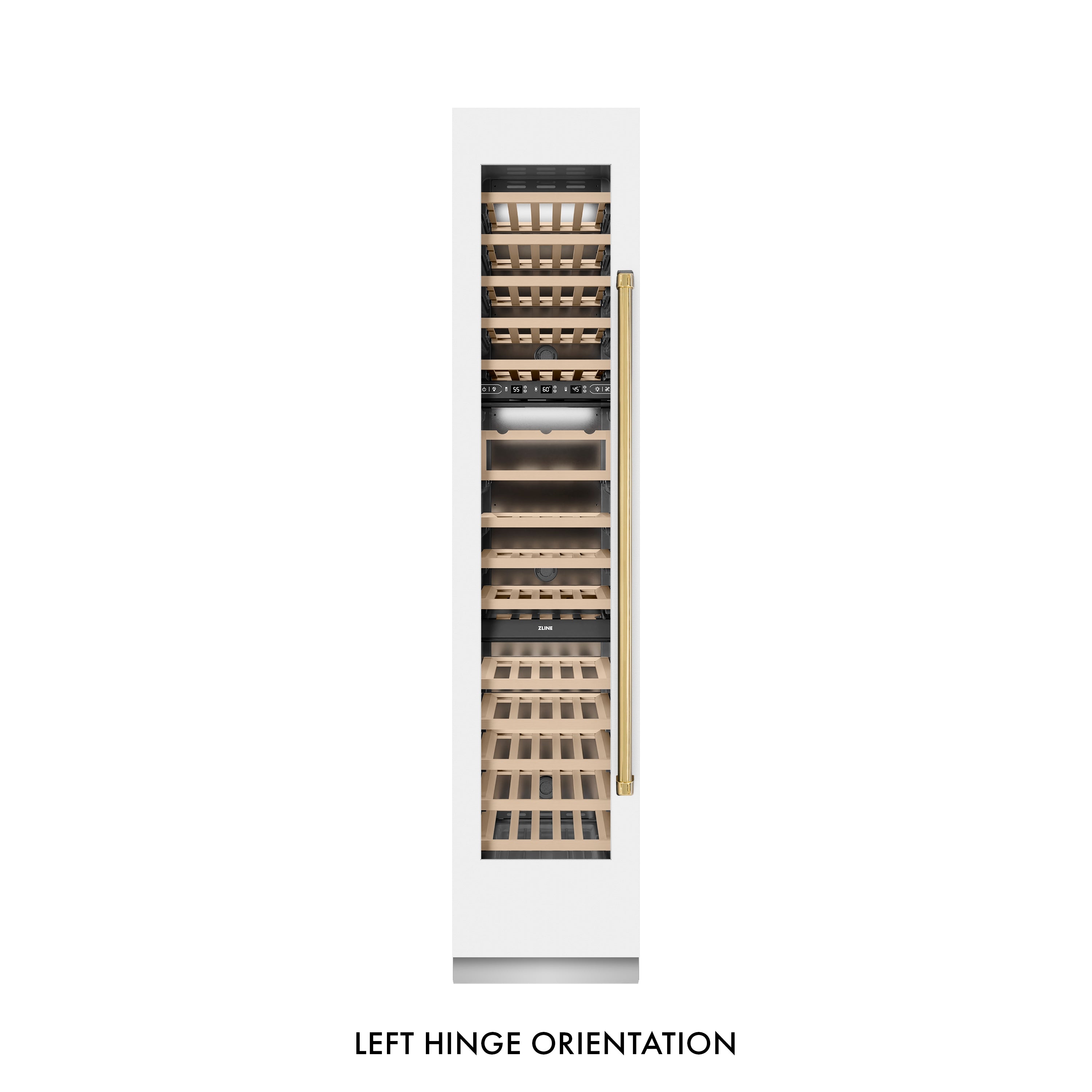 ZLINE Autograph Edition 18 in. 9.0 cu. ft. Triple Zone 68 Bottle Left Hinge Column Wine Cooler in White Matte with Polished Gold Accents (RCWVLZ-WM-18-G)