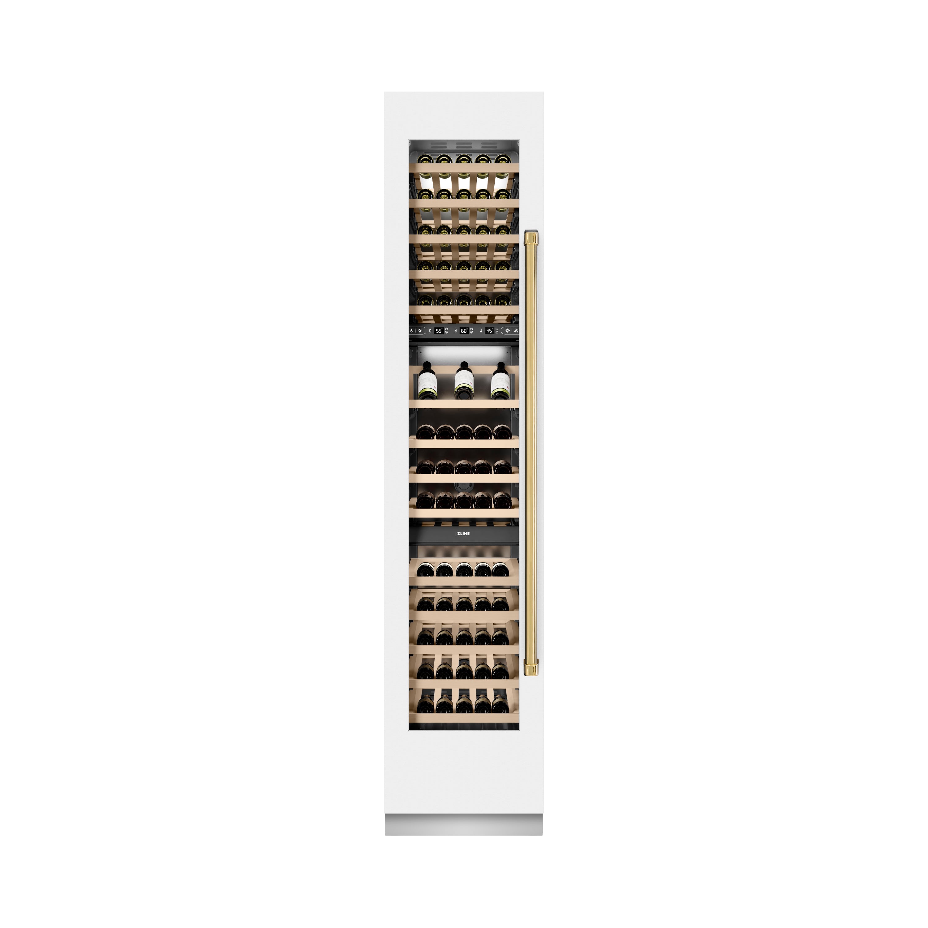 ZLINE Autograph Edition 18 in. 9.0 cu. ft. Triple Zone 68 Bottle Left Hinge Column Wine Cooler in White Matte with Polished Gold Accents (RCWVLZ-WM-18-G)